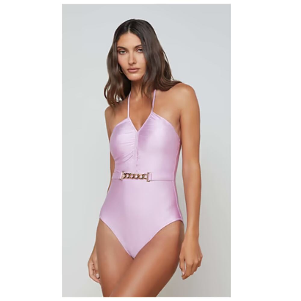 NEW L'AGENCE Leila Belted Halter One-Piece Swimsuit Size Medium